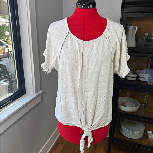 Umgee Tops - Umgee USA Linen Beige Cotton Blend Fringe Sleeve Tie Front Top Size XL